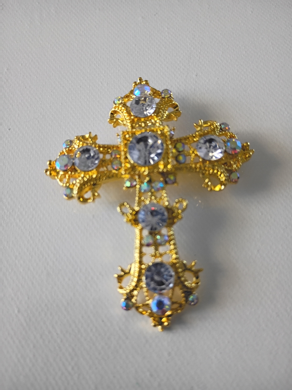 Beautiful Iridescent Crystals And Rhinestones Cross Brooch